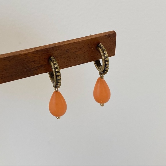4/$15 Vintage Retro Bronze Milgrain Orange Teardrop Earrings - Picture 2 of 4